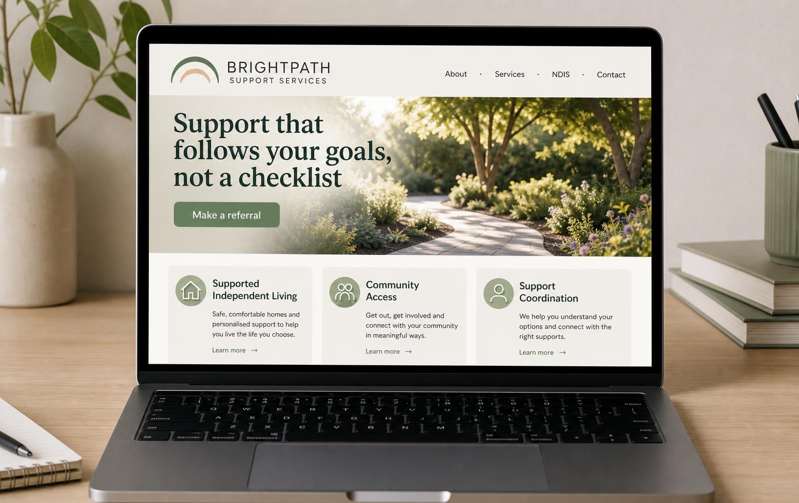 Brightpath Support Services website on a laptop