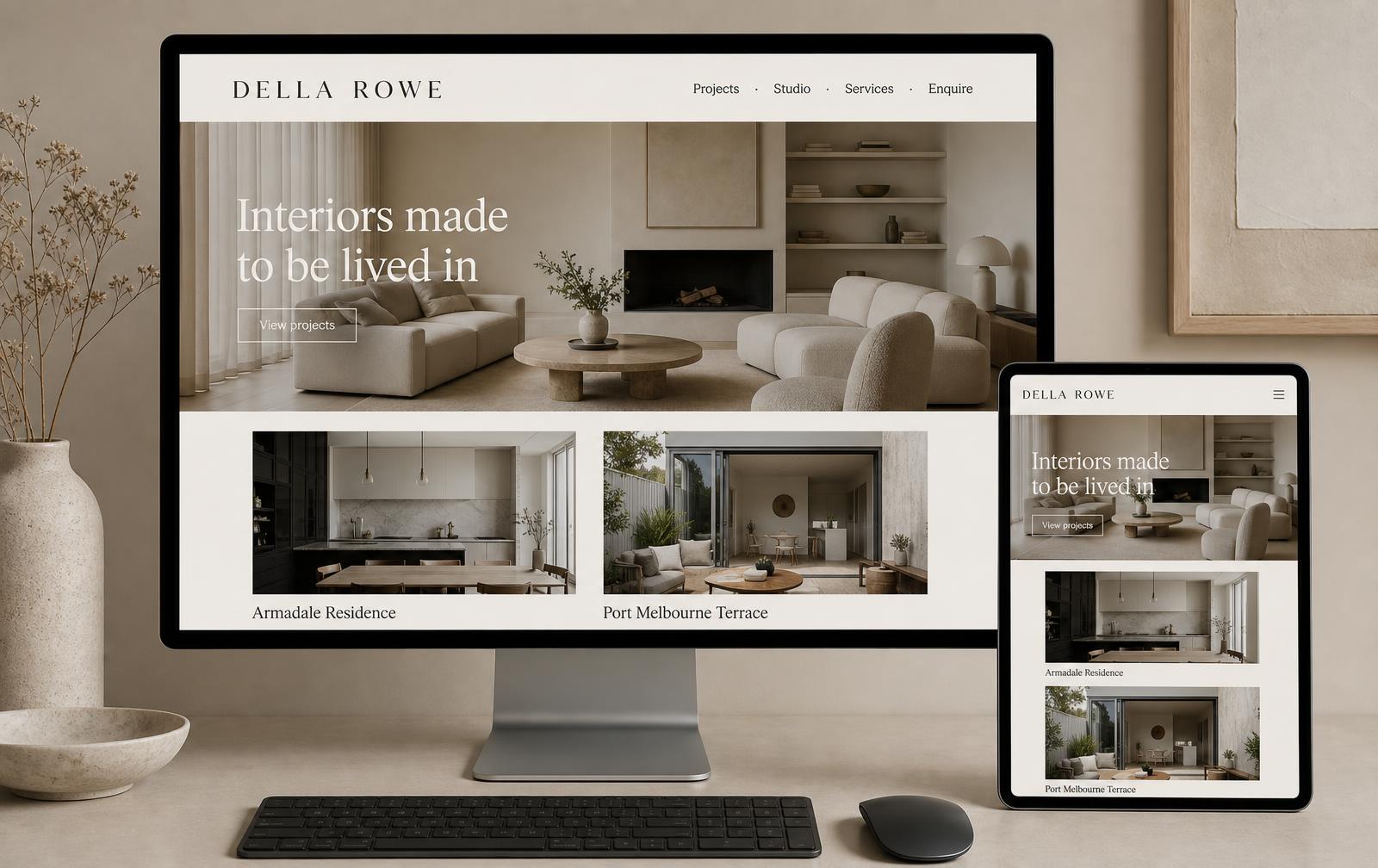 Della Rowe website shown on a monitor and tablet