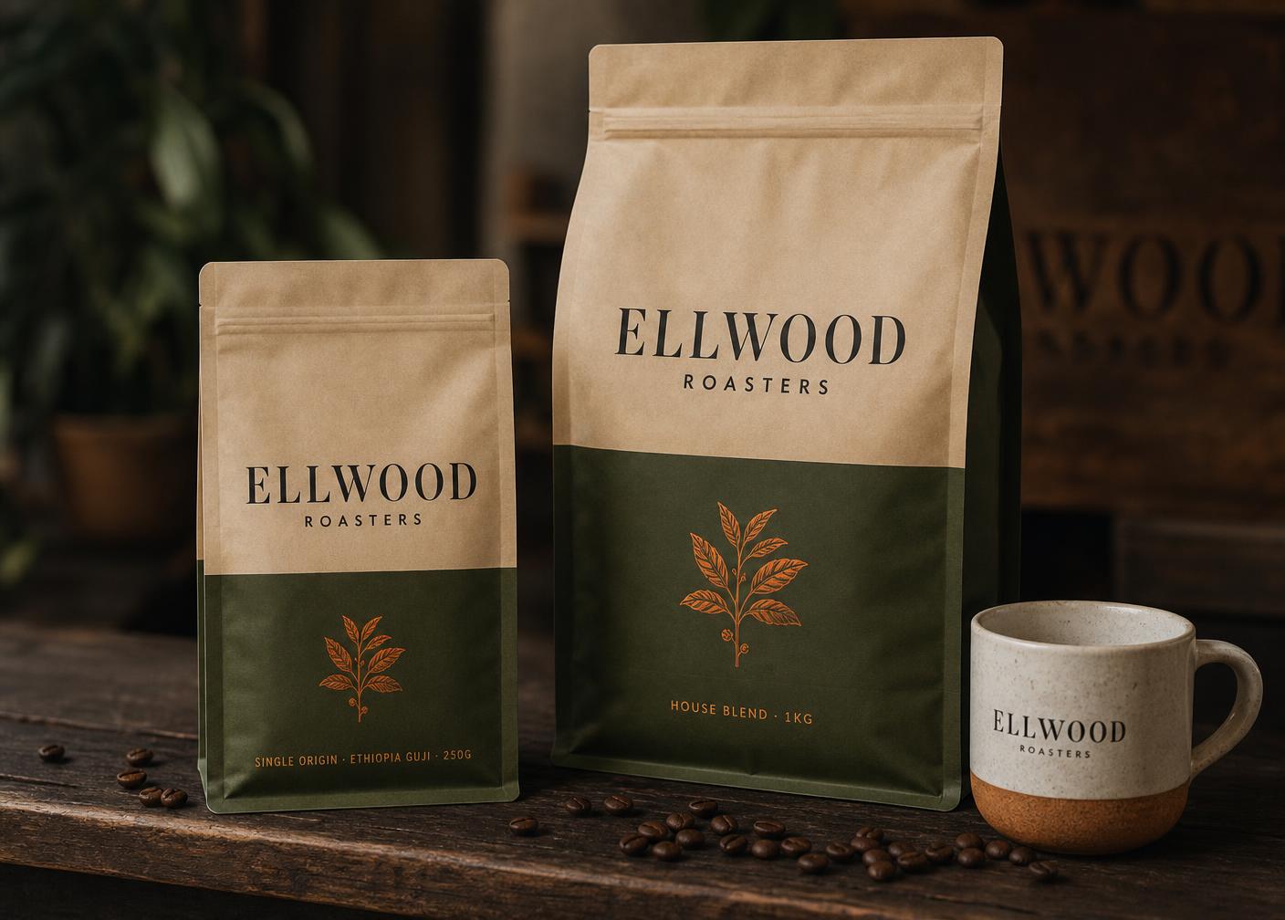 Ellwood Roasters coffee bags and ceramic cup on timber