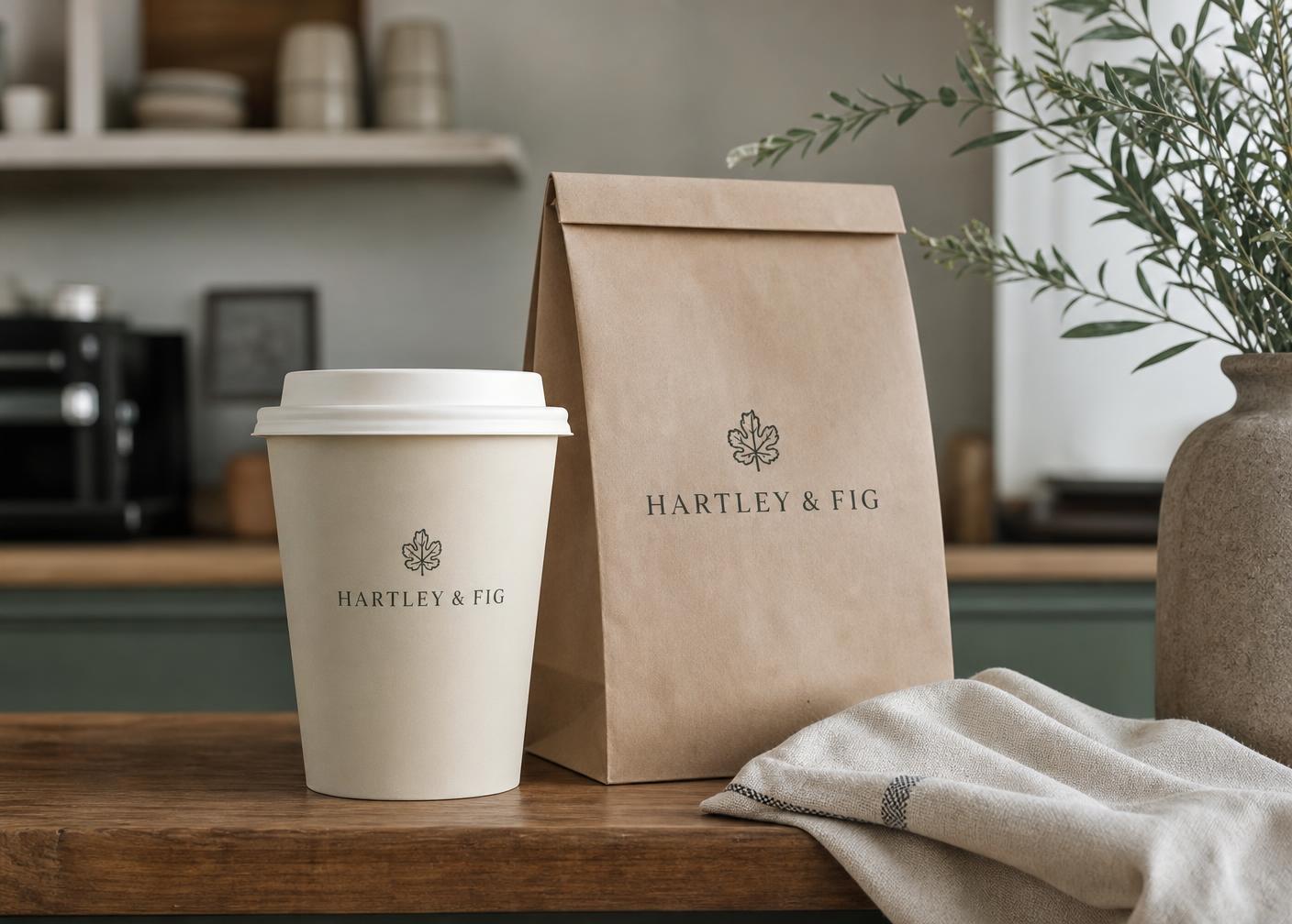 Hartley & Fig takeaway cup and kraft bag on a timber counter