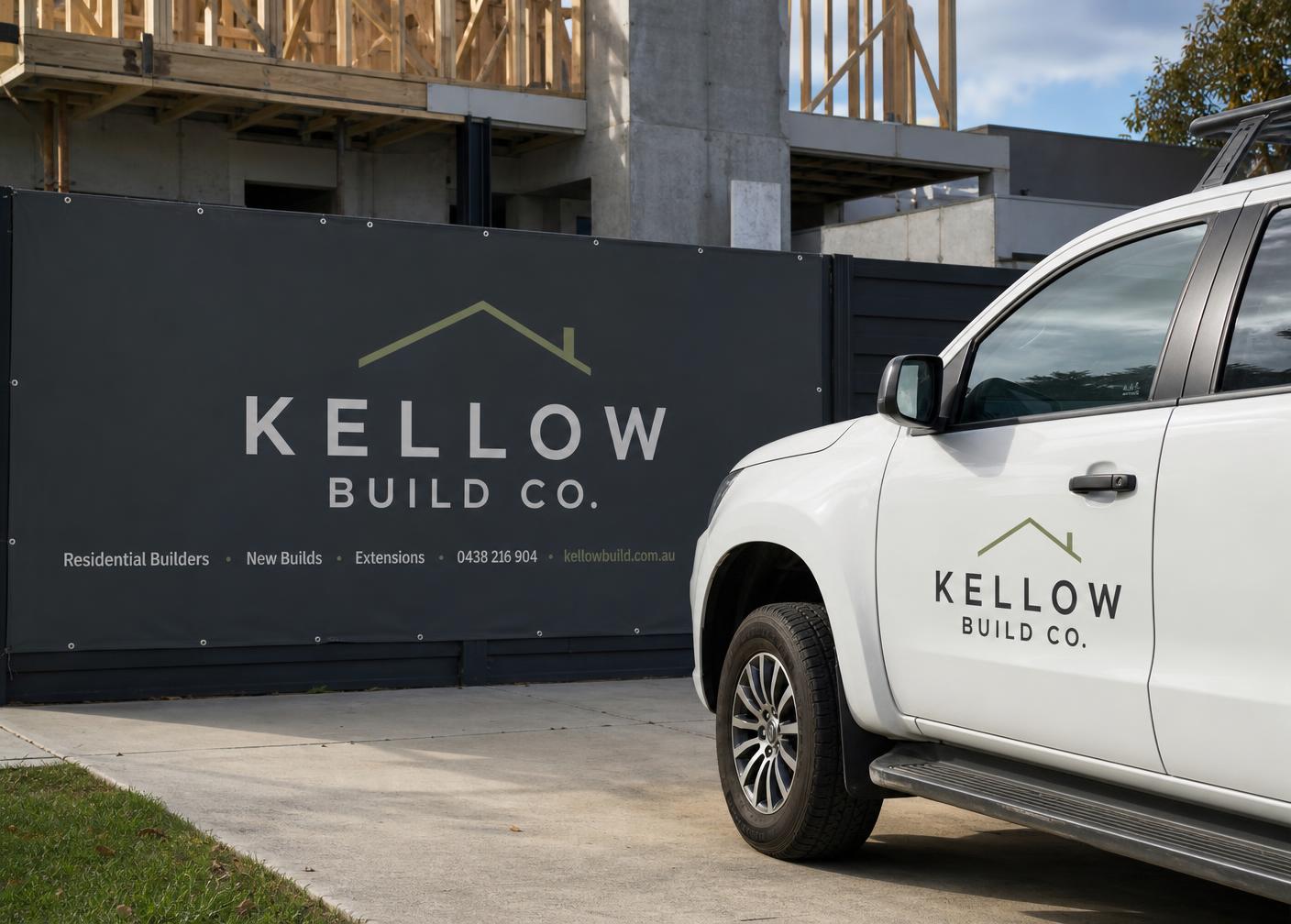 Kellow Build Co. site hoarding sign and branded ute