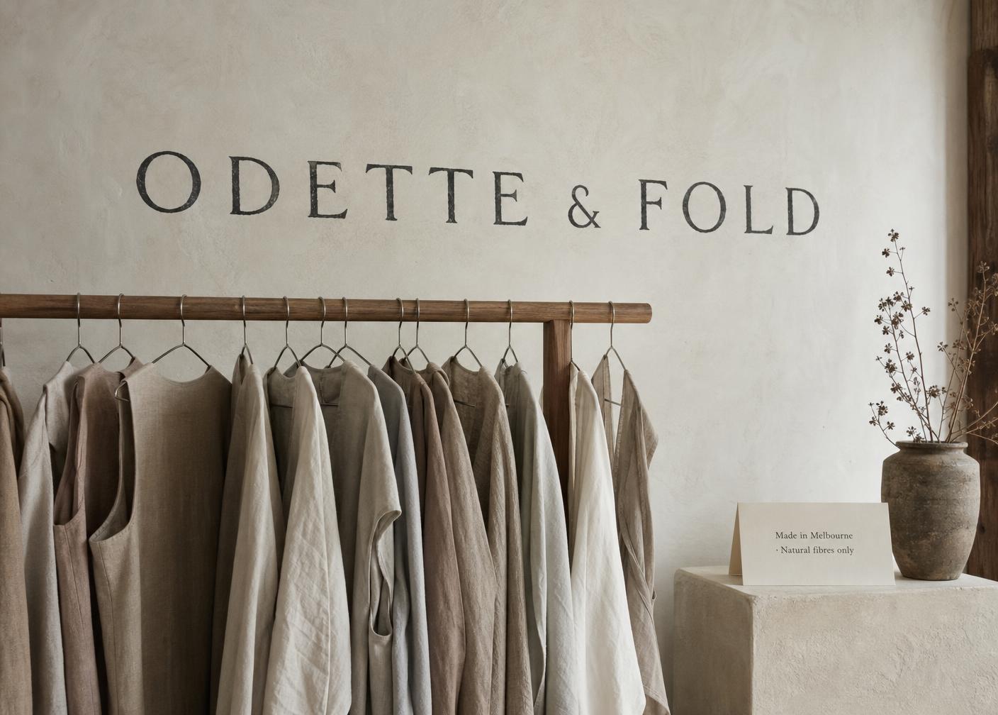 Odette & Fold hand-painted wordmark above a garment rail