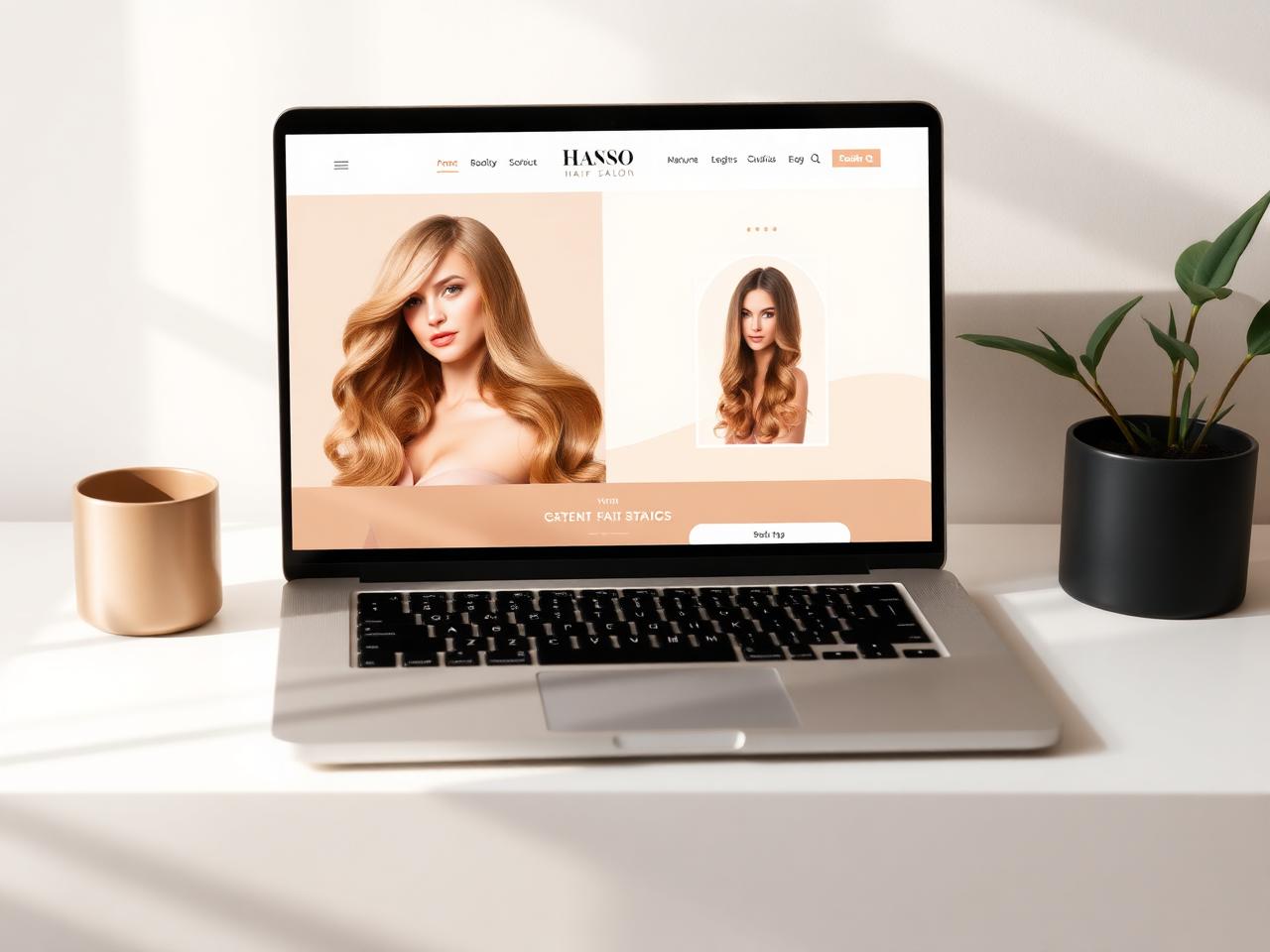 Hair salon website template design shown on a laptop