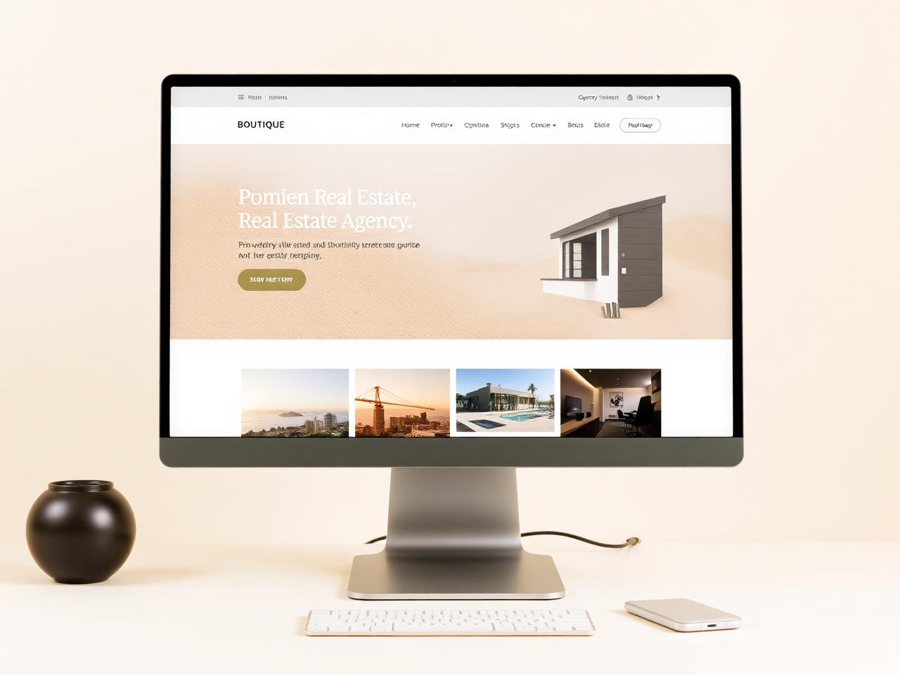 Real estate agency website template design shown on a monitor