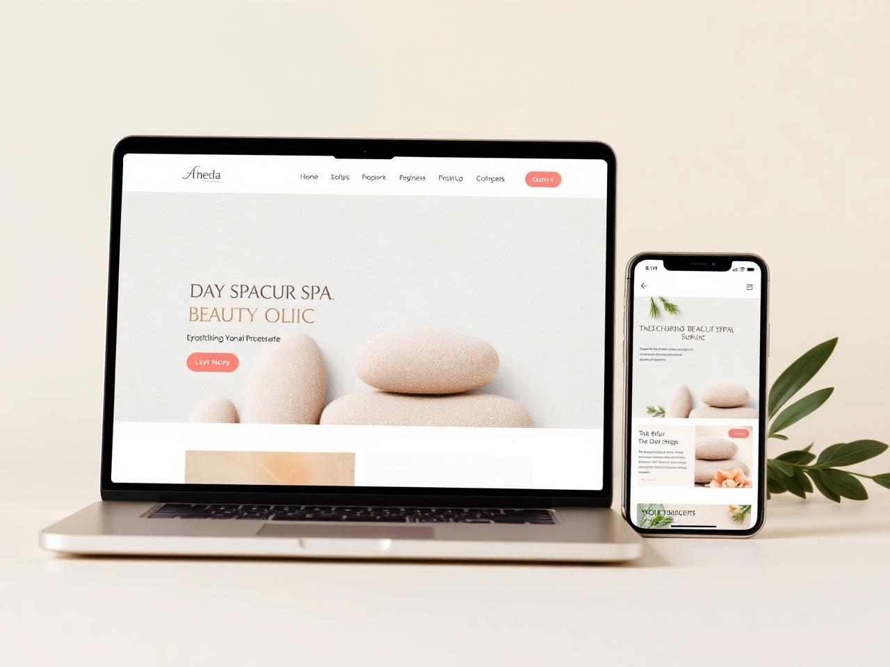 Day spa website template design shown on a laptop and phone