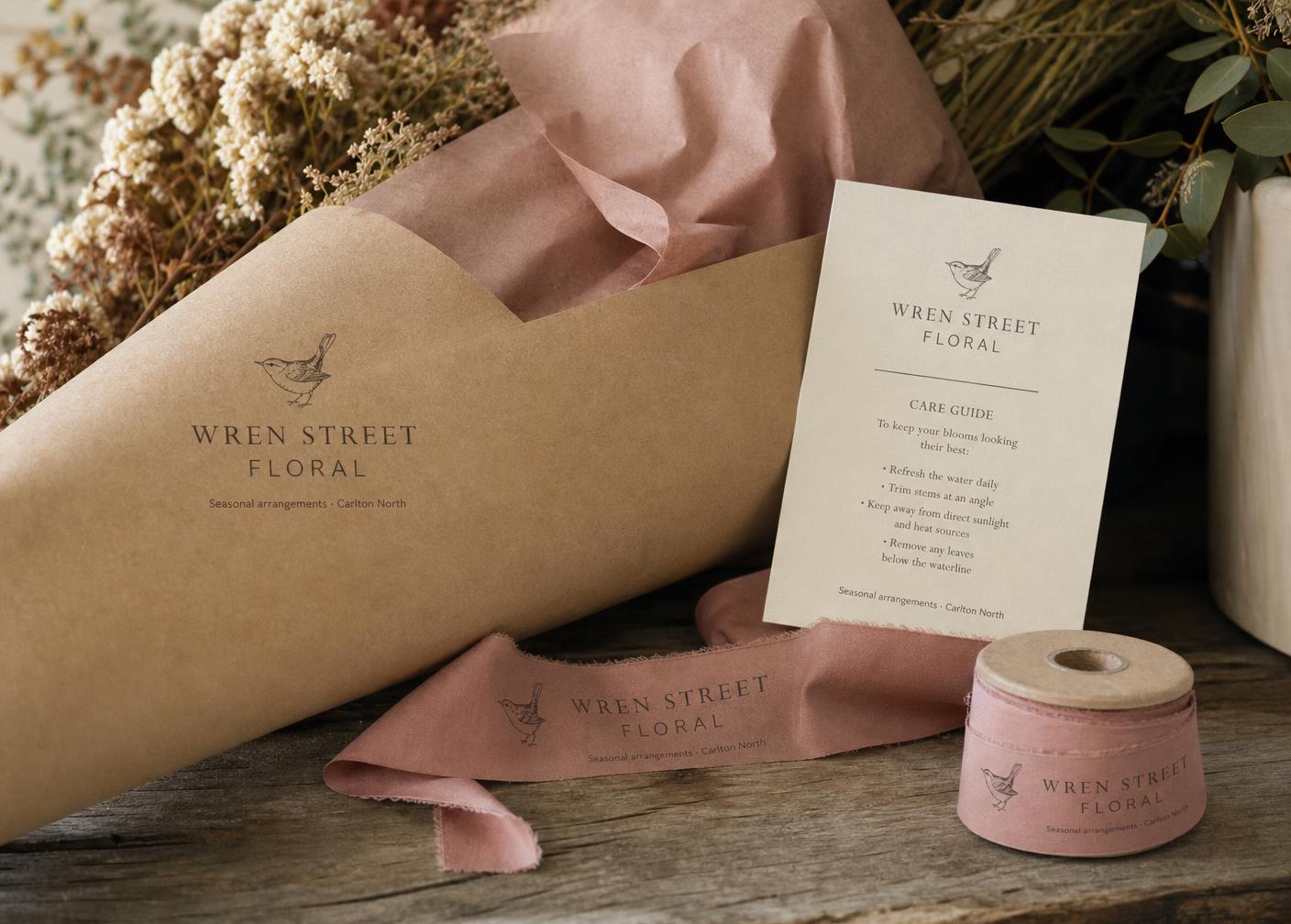 Wren Street Floral wrapping paper, ribbon and care card
